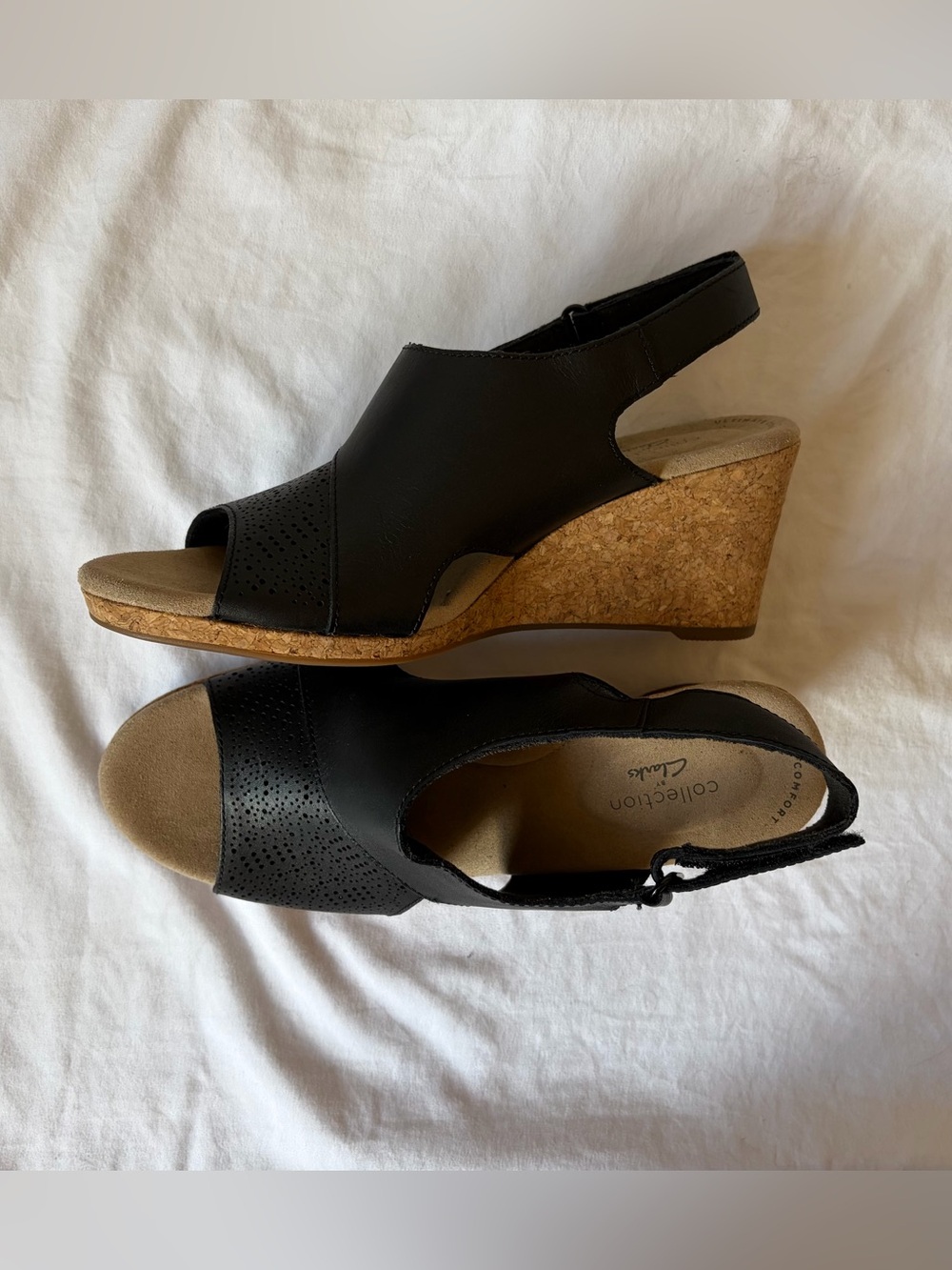 Clarks Black Cork Wedge Slingback Sandals Sz 8 Soft Leather Comfy